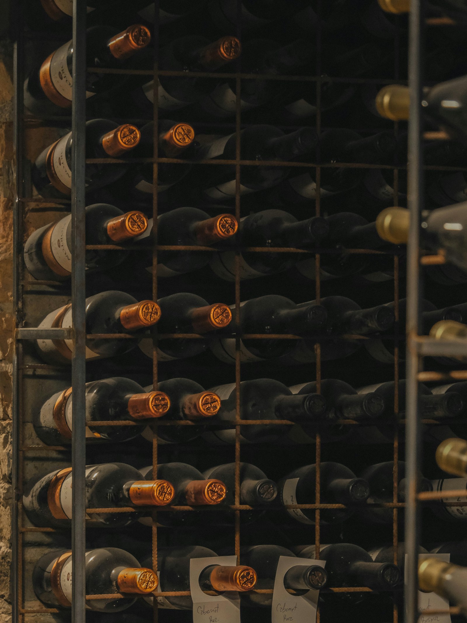 Wine bottles resting in cellar racks